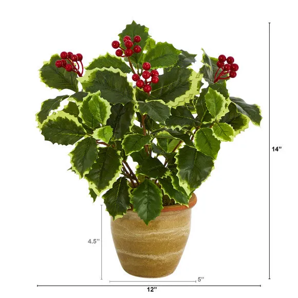 14" Variegated Holly Leaf Artificial Plant in Ceramic Planter (Real Touch)