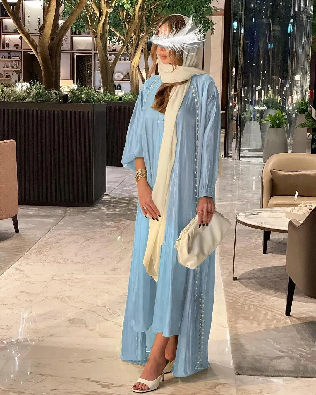 2-Piece Satin Beaded Open Abaya Dress with Inner Sleeveless Dress