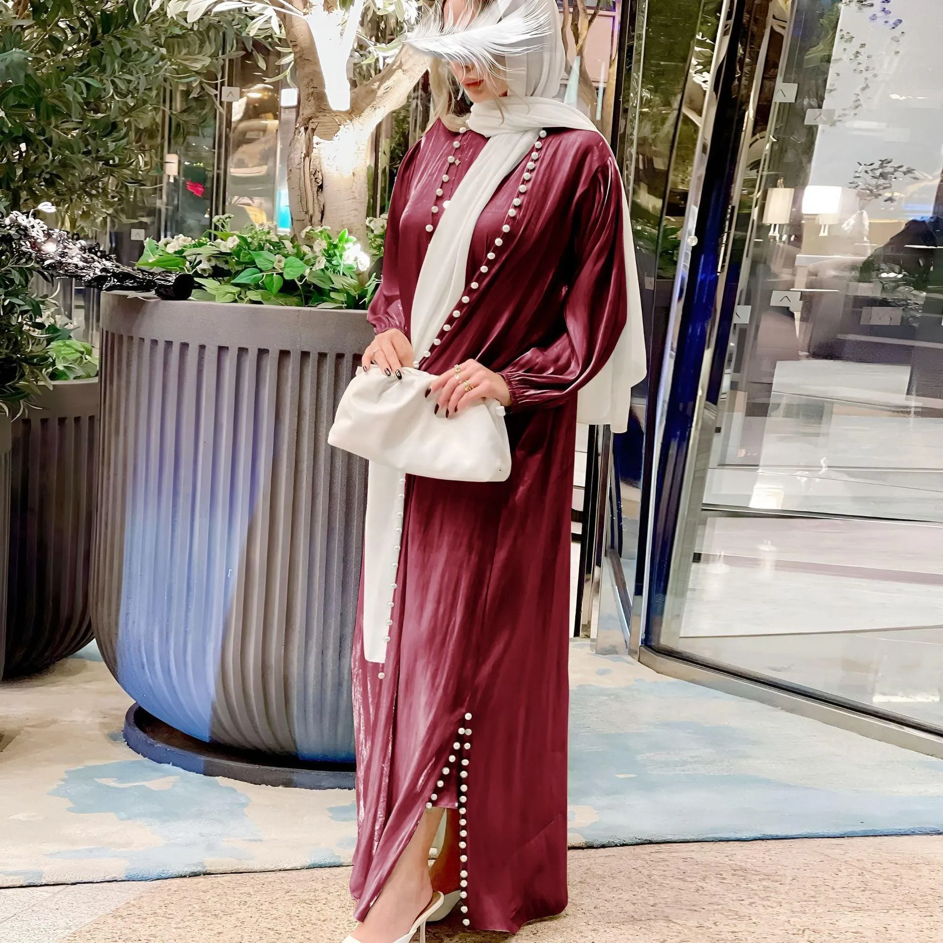 2-Piece Satin Beaded Open Abaya Dress with Inner Sleeveless Dress