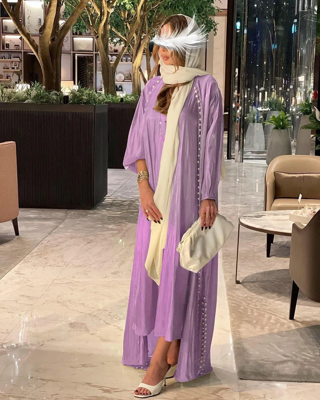 2-Piece Satin Beaded Open Abaya Dress with Inner Sleeveless Dress