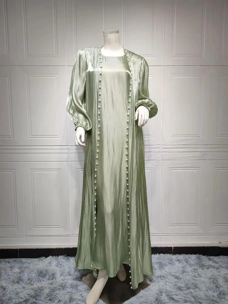 2-Piece Satin Beaded Open Abaya Dress with Inner Sleeveless Dress