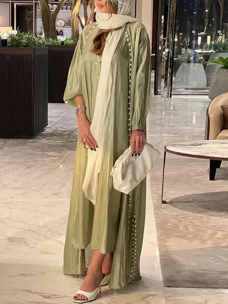 2-Piece Satin Beaded Open Abaya Dress with Inner Sleeveless Dress