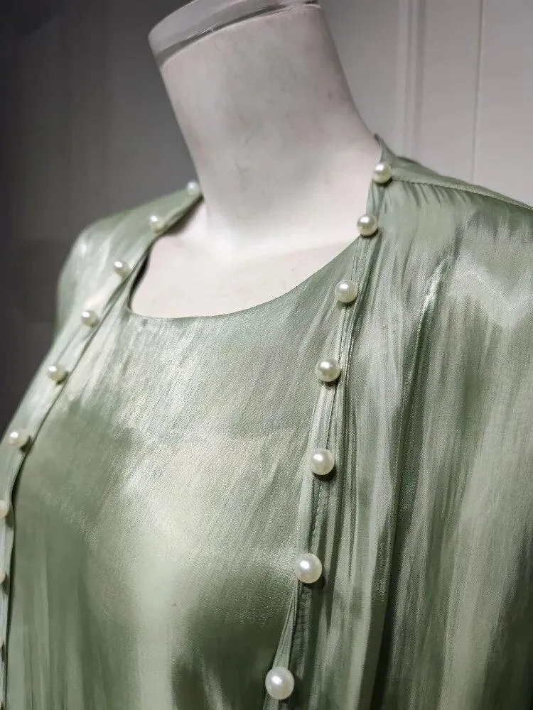 2-Piece Satin Beaded Open Abaya Dress with Inner Sleeveless Dress