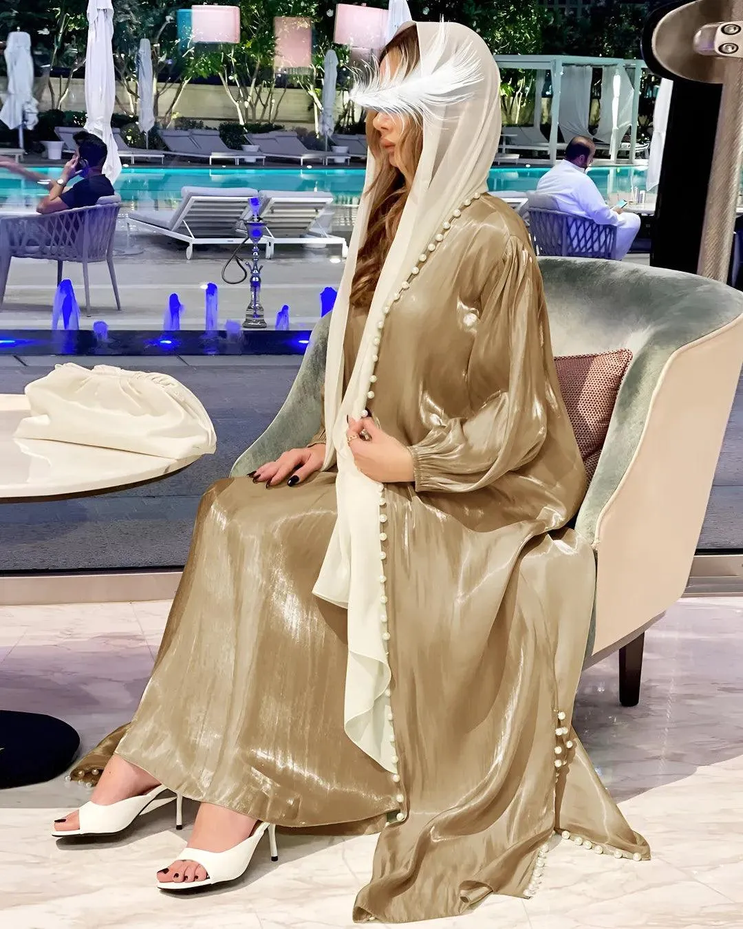 2-Piece Satin Beaded Open Abaya Dress with Inner Sleeveless Dress