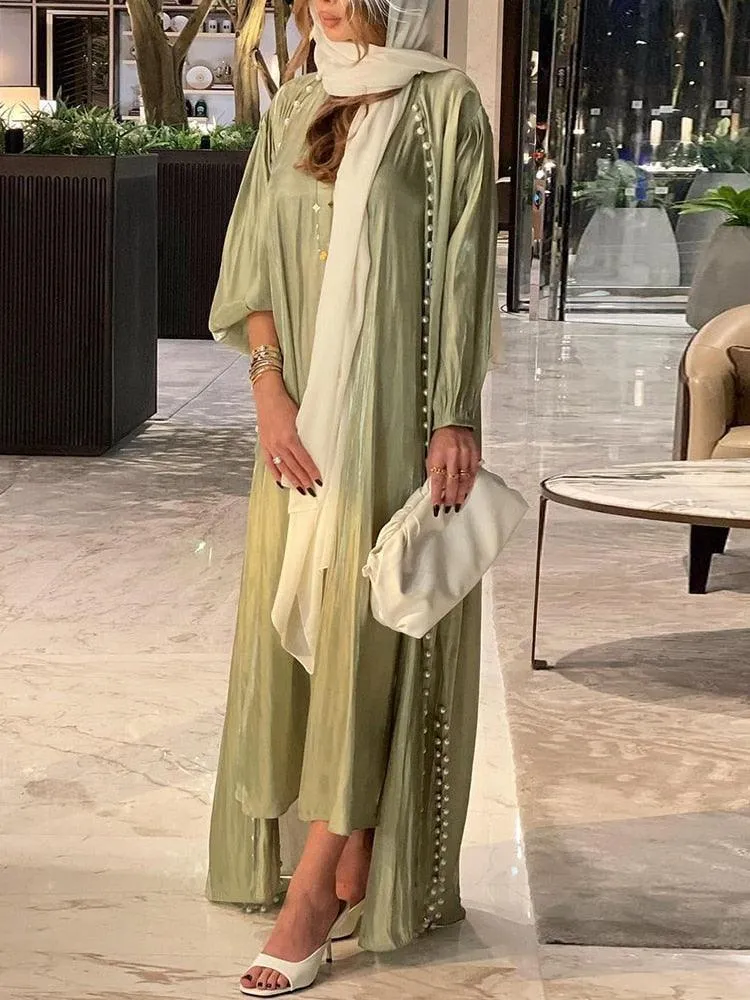 2-Piece Satin Beaded Open Abaya Dress with Inner Sleeveless Dress