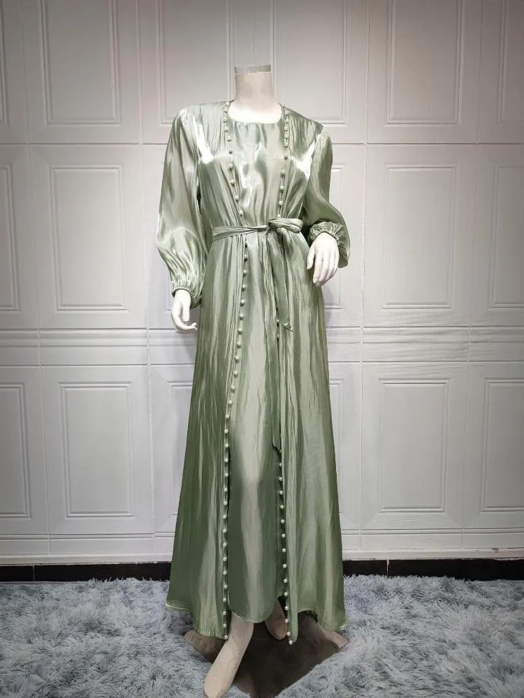 2-Piece Satin Beaded Open Abaya Dress with Inner Sleeveless Dress