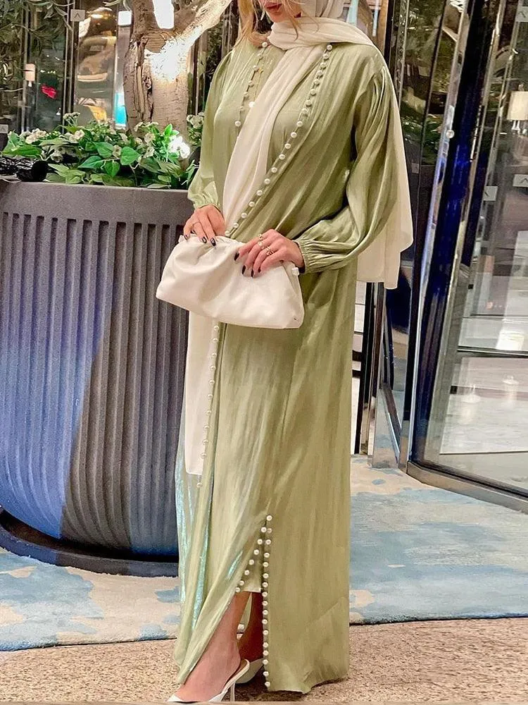 2-Piece Satin Beaded Open Abaya Dress with Inner Sleeveless Dress