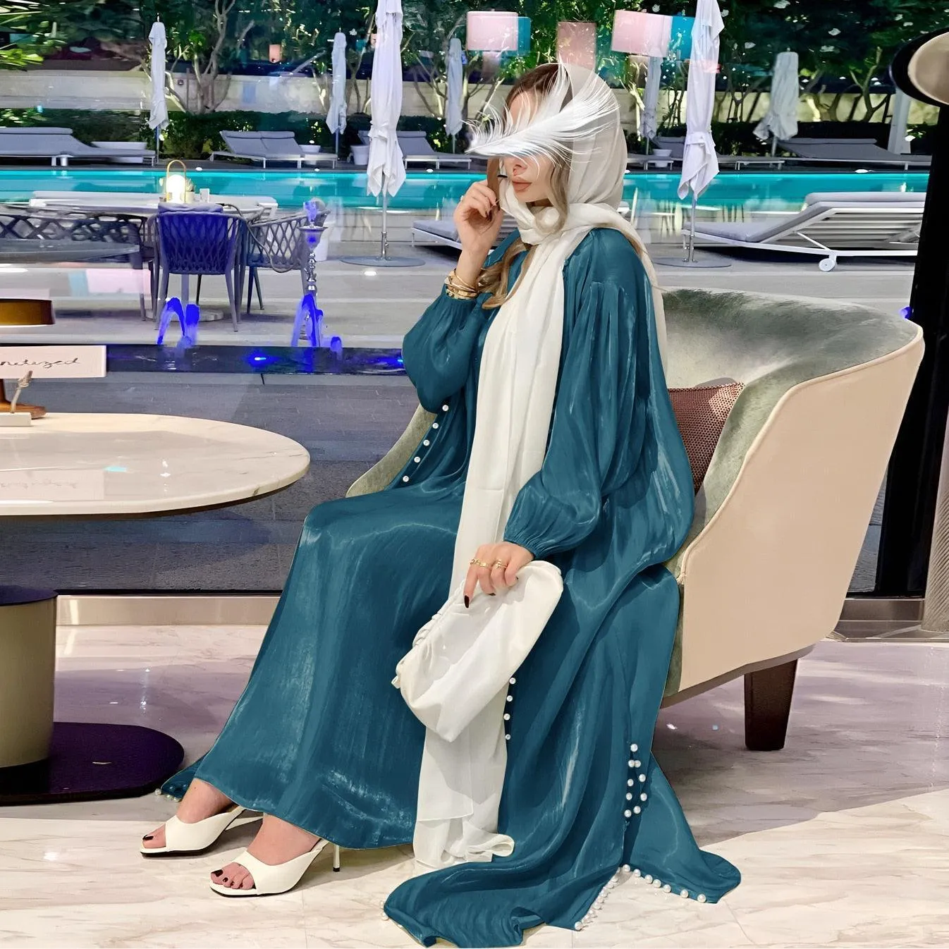 2-Piece Satin Beaded Open Abaya Dress with Inner Sleeveless Dress
