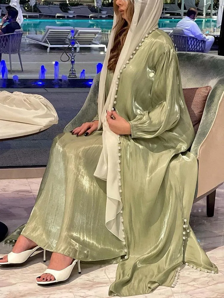2-Piece Satin Beaded Open Abaya Dress with Inner Sleeveless Dress