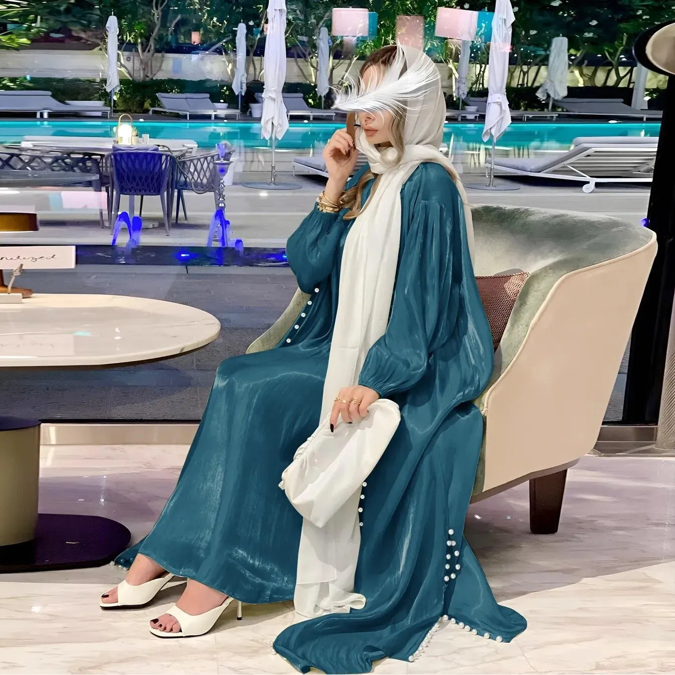 2-Piece Satin Beaded Open Abaya Dress with Inner Sleeveless Dress