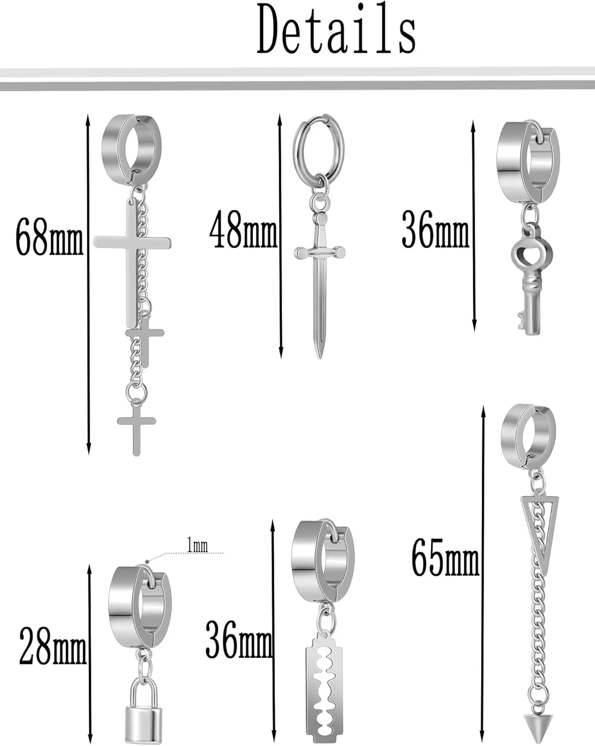 22 Pcs Stainless Steel Dangle Earrings Punk Classic Hoop Huggie Drop Earrings Spike Screw Long Chain Hexagram Stud Earrings Piercing Jewelry Set for Men Silver Black Tone