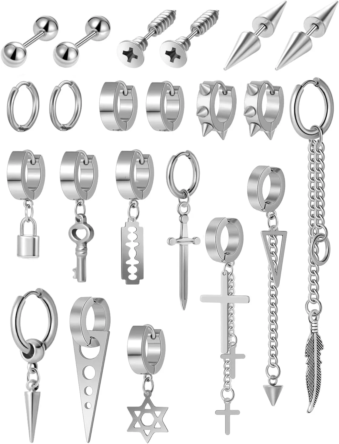 22 Pcs Stainless Steel Dangle Earrings Punk Classic Hoop Huggie Drop Earrings Spike Screw Long Chain Hexagram Stud Earrings Piercing Jewelry Set for Men Silver Black Tone