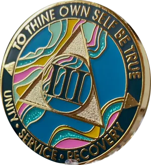 3 Year AA Medallion Elegant Tahiti Teal Blue and Pink Marble Gold Sobriety Chip