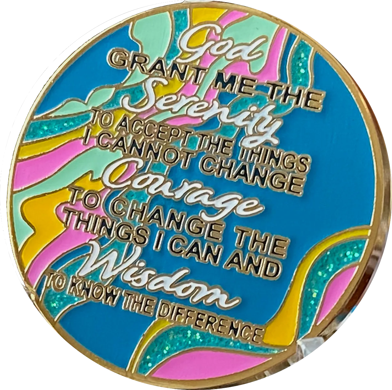 3 Year AA Medallion Elegant Tahiti Teal Blue and Pink Marble Gold Sobriety Chip