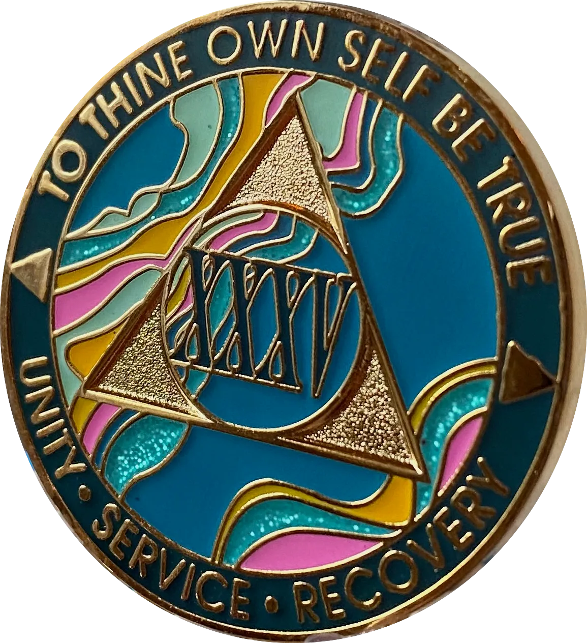 35 Year AA Medallion Elegant Tahiti Teal Blue and Pink Marble Gold Sobriety Chip