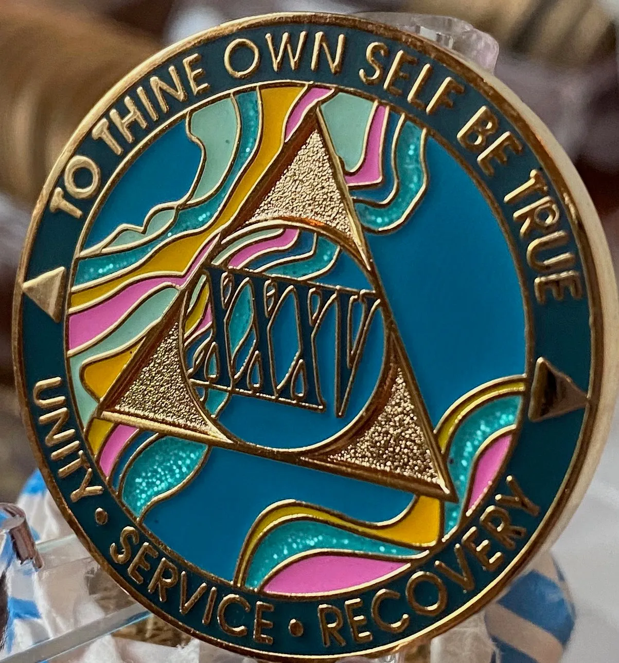 35 Year AA Medallion Elegant Tahiti Teal Blue and Pink Marble Gold Sobriety Chip