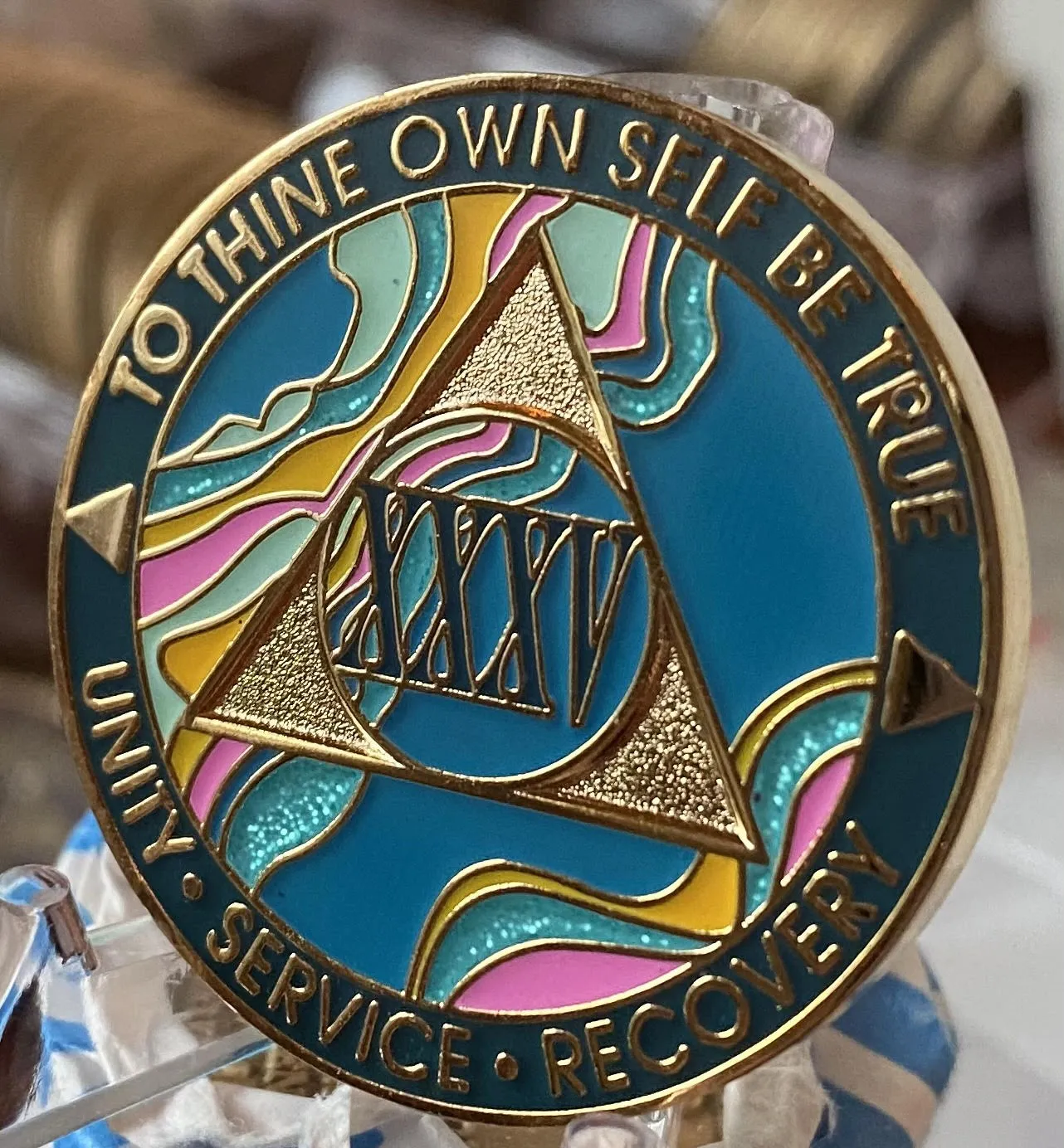 35 Year AA Medallion Elegant Tahiti Teal Blue and Pink Marble Gold Sobriety Chip