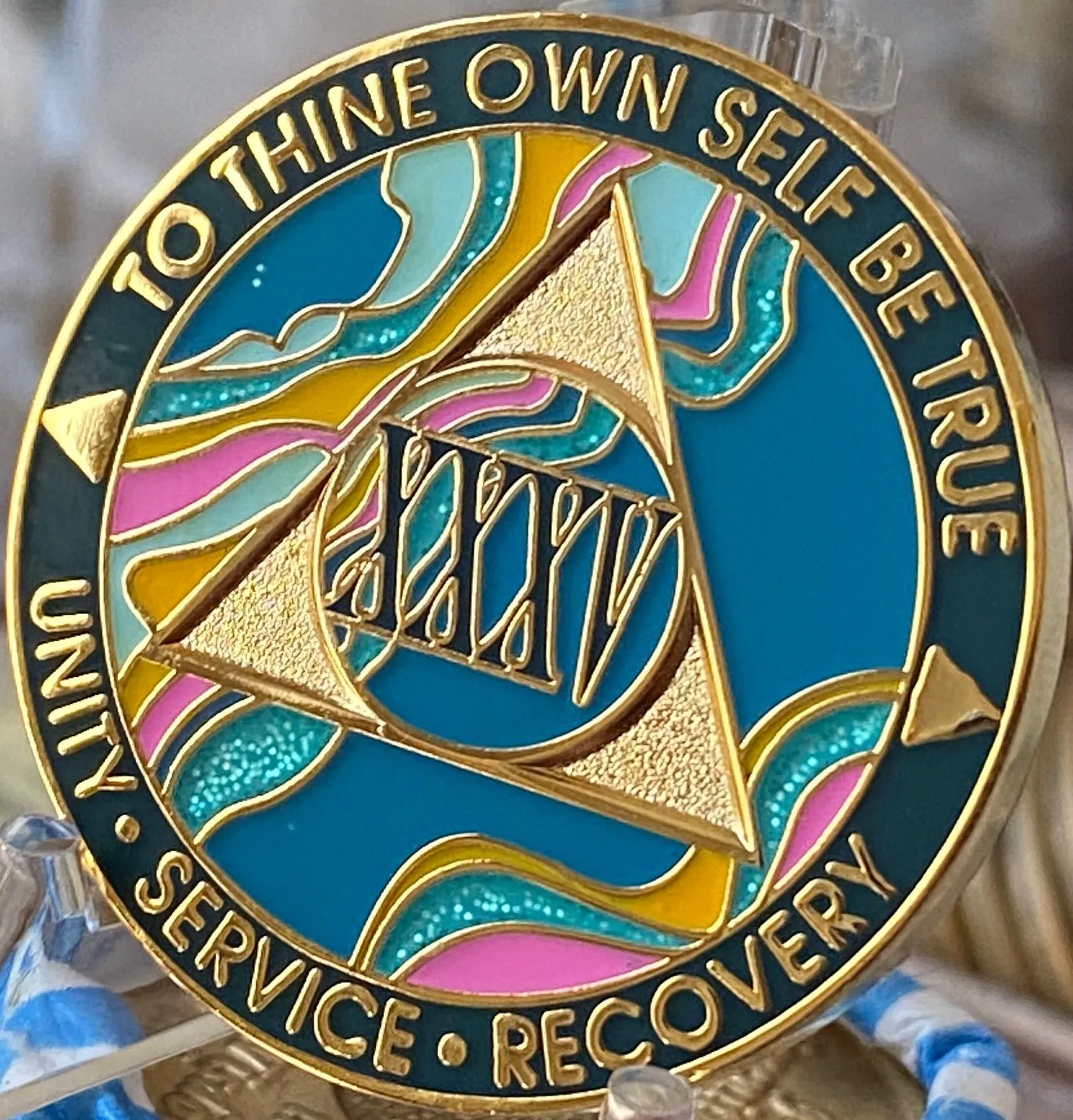 35 Year AA Medallion Elegant Tahiti Teal Blue and Pink Marble Gold Sobriety Chip