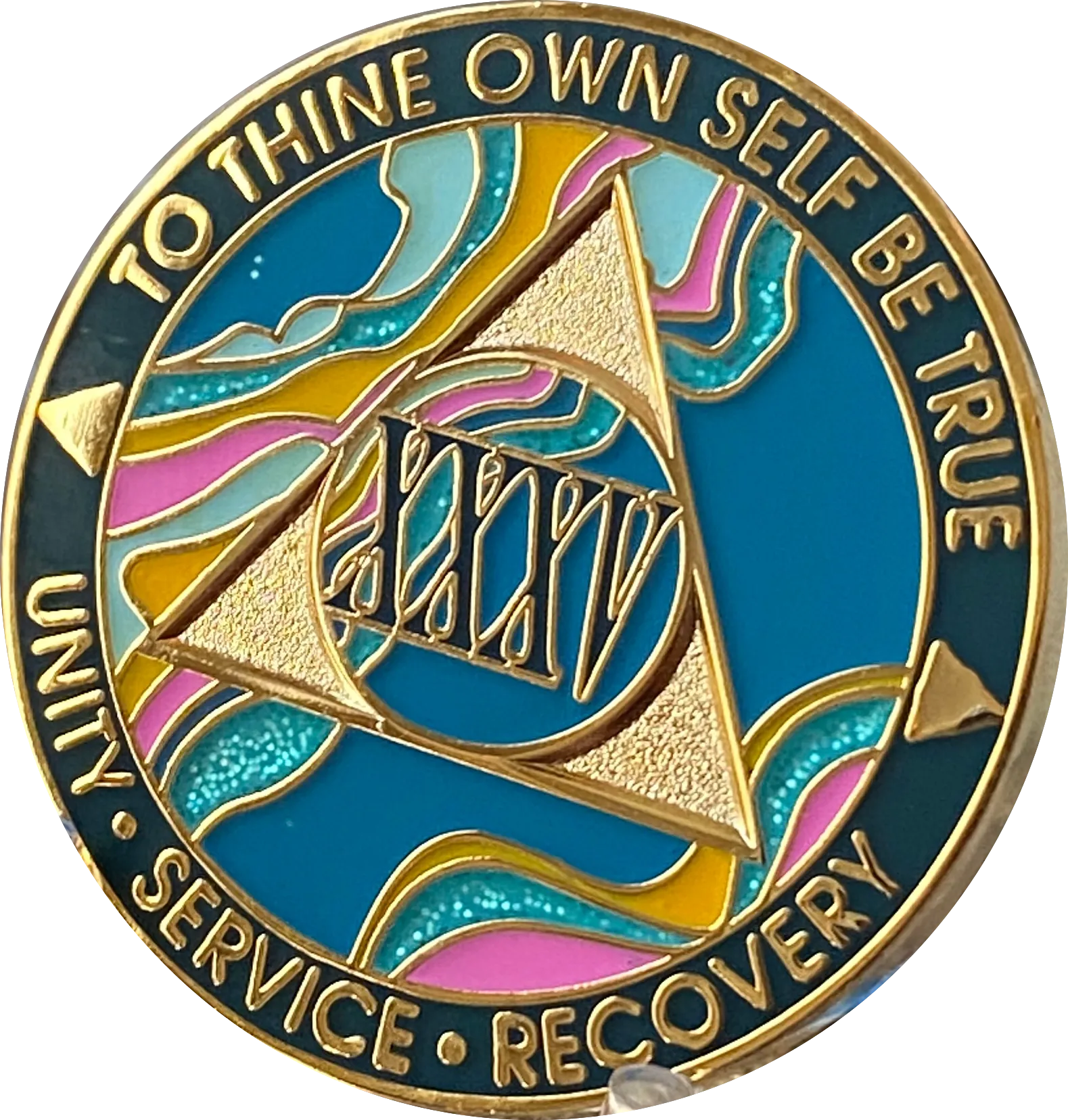 35 Year AA Medallion Elegant Tahiti Teal Blue and Pink Marble Gold Sobriety Chip