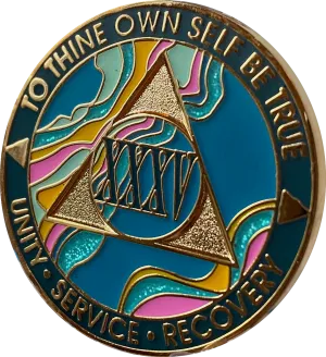35 Year AA Medallion Elegant Tahiti Teal Blue and Pink Marble Gold Sobriety Chip