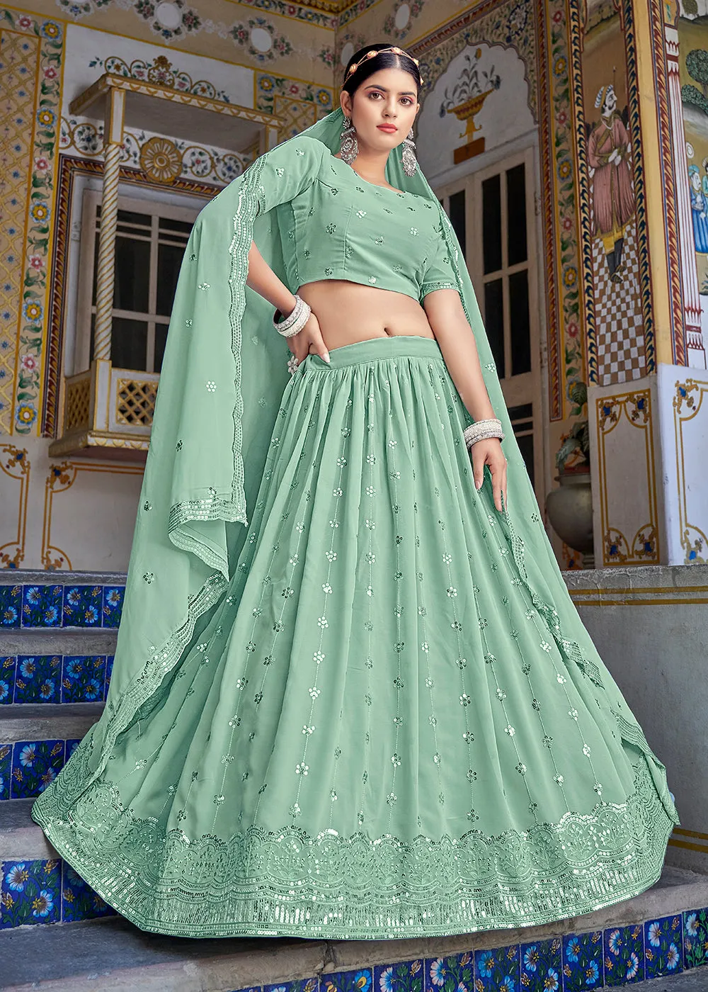 A Line Green Trendy Sequins Embroidered Wedding Lehenga
