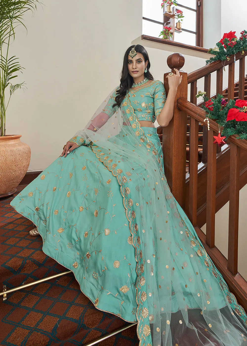 Adorning Art Silk Sky Blue Wedding Lehenga Choli