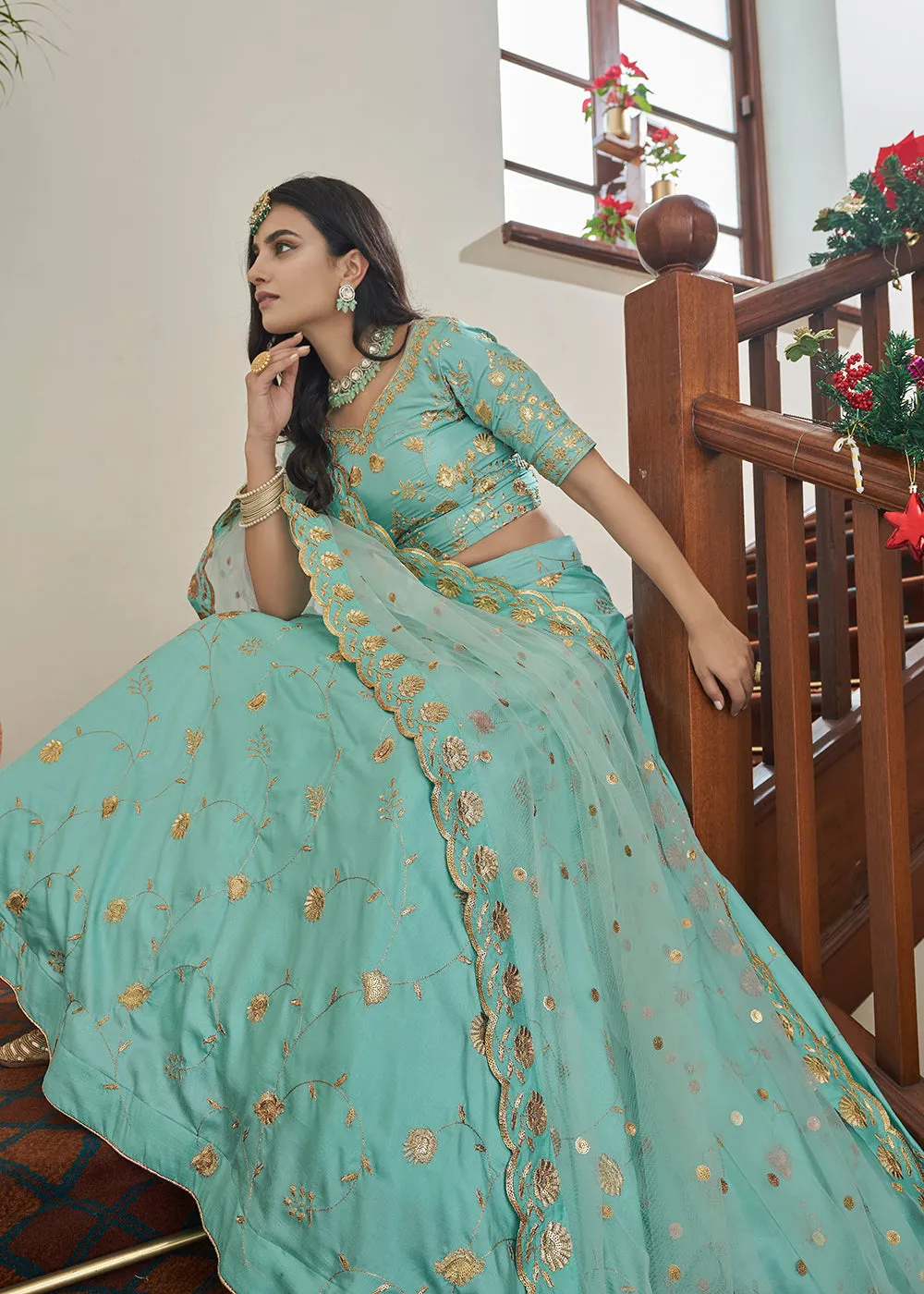 Adorning Art Silk Sky Blue Wedding Lehenga Choli