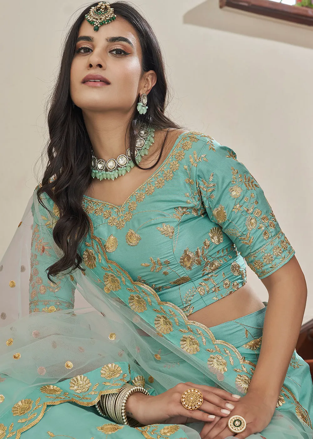 Adorning Art Silk Sky Blue Wedding Lehenga Choli