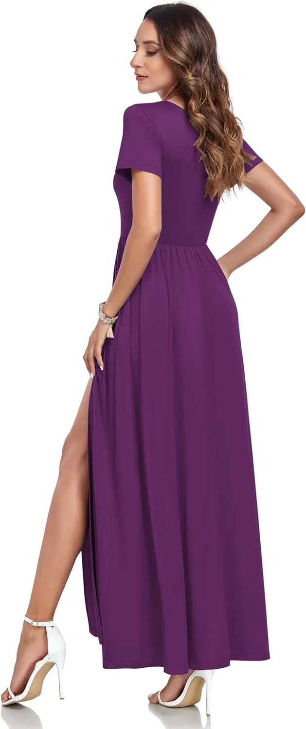 AUSELILY Women Maxi Dress 2025 Summer Short Sleeve Side Split Casual Long Dresses with Pockets