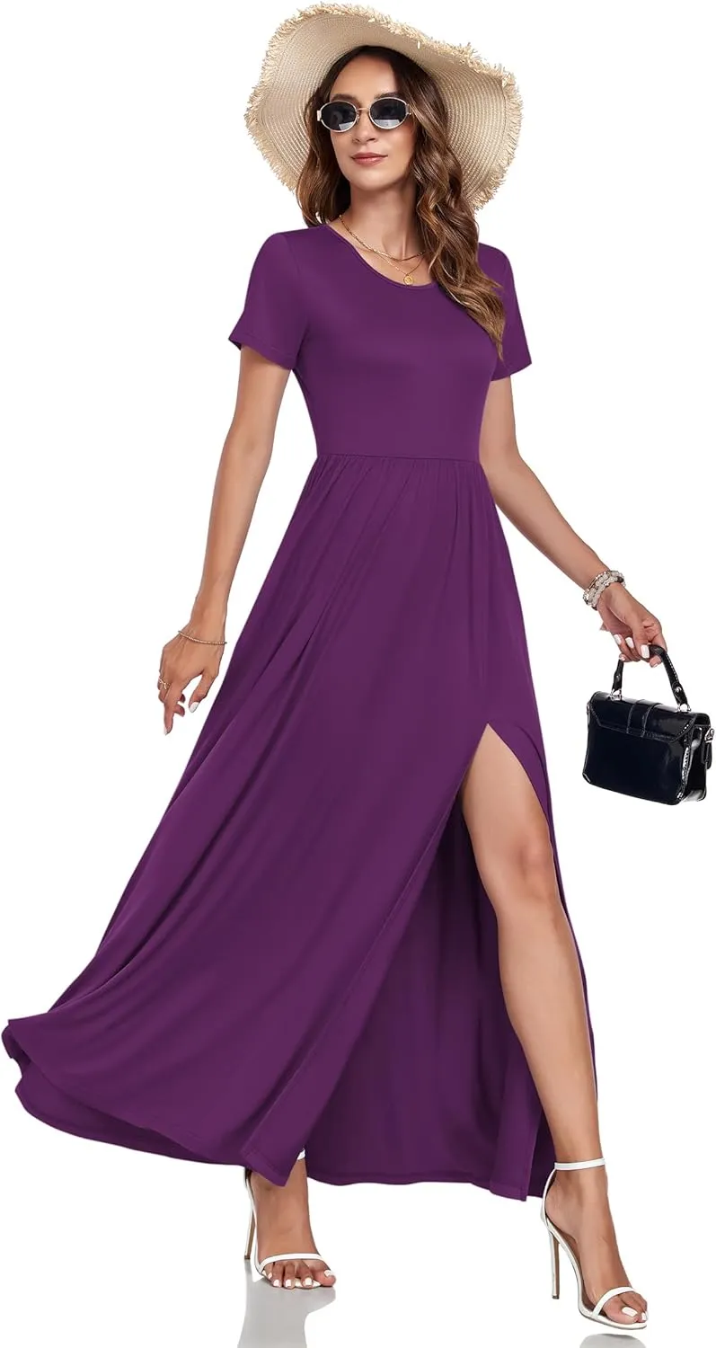 AUSELILY Women Maxi Dress 2025 Summer Short Sleeve Side Split Casual Long Dresses with Pockets