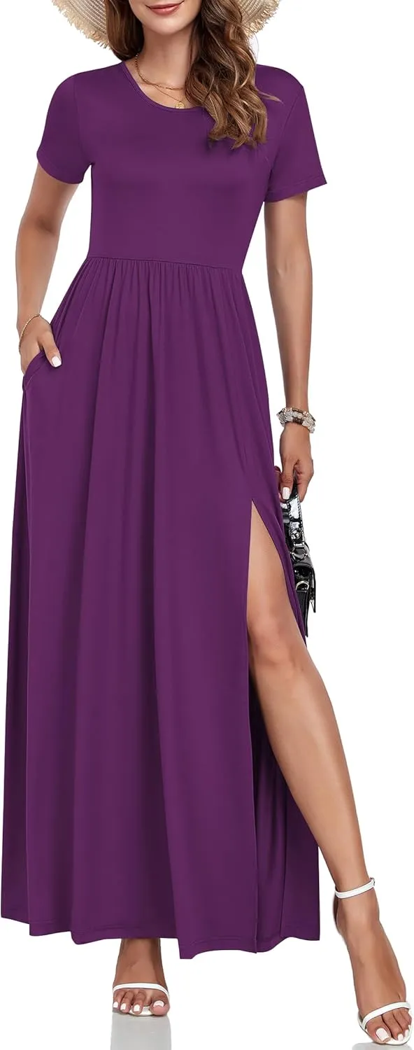 AUSELILY Women Maxi Dress 2025 Summer Short Sleeve Side Split Casual Long Dresses with Pockets