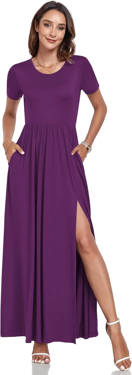 AUSELILY Women Maxi Dress 2025 Summer Short Sleeve Side Split Casual Long Dresses with Pockets