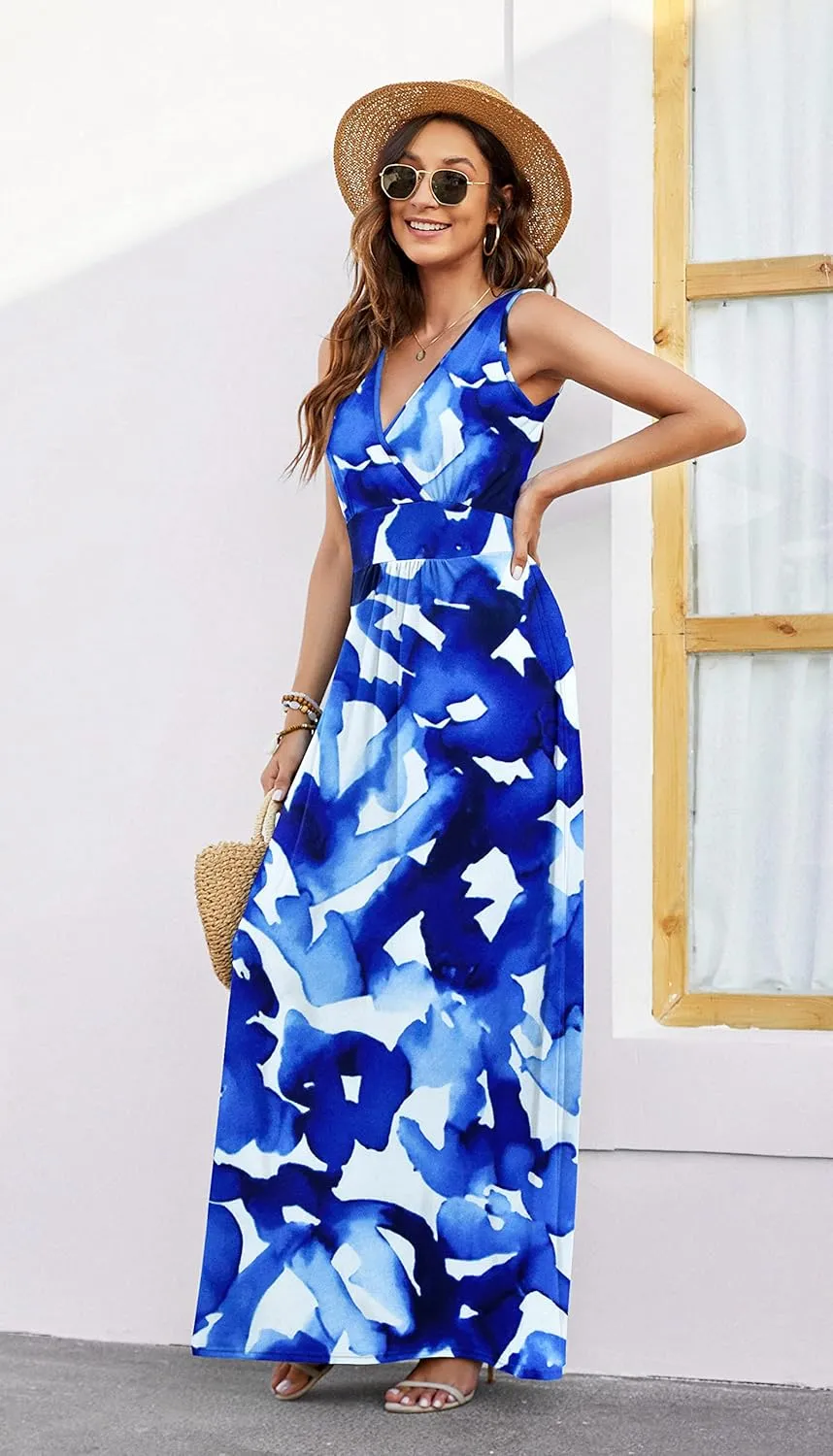 AUSELILY Women's Sleeveless Formal Dress Deep V Neck Loose Plain Cocktail Long Maxi Dresses with Pockets 2025 New