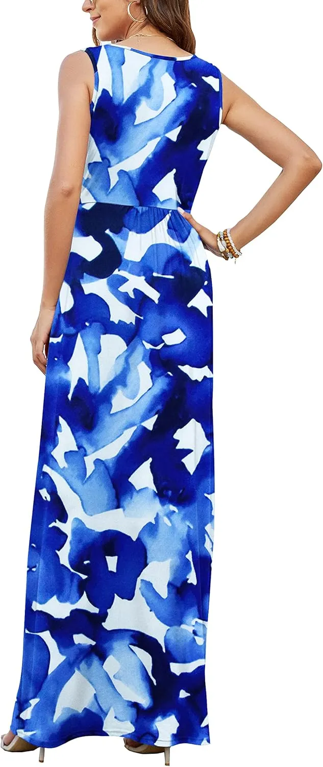 AUSELILY Women's Sleeveless Formal Dress Deep V Neck Loose Plain Cocktail Long Maxi Dresses with Pockets 2025 New