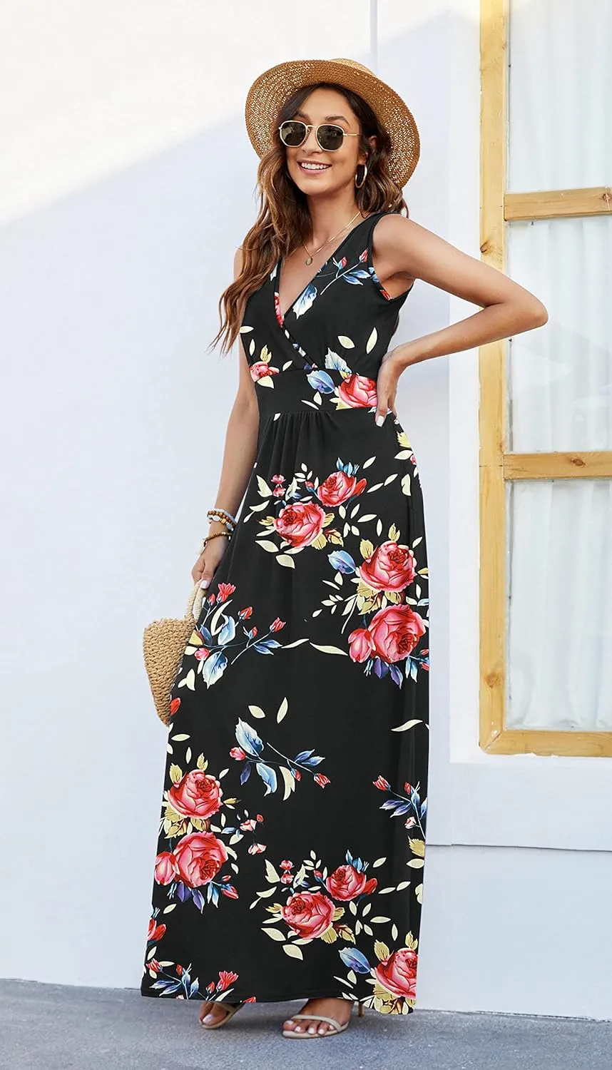 AUSELILY Women's Sleeveless Formal Dress Deep V Neck Loose Plain Cocktail Long Maxi Dresses with Pockets 2025 New