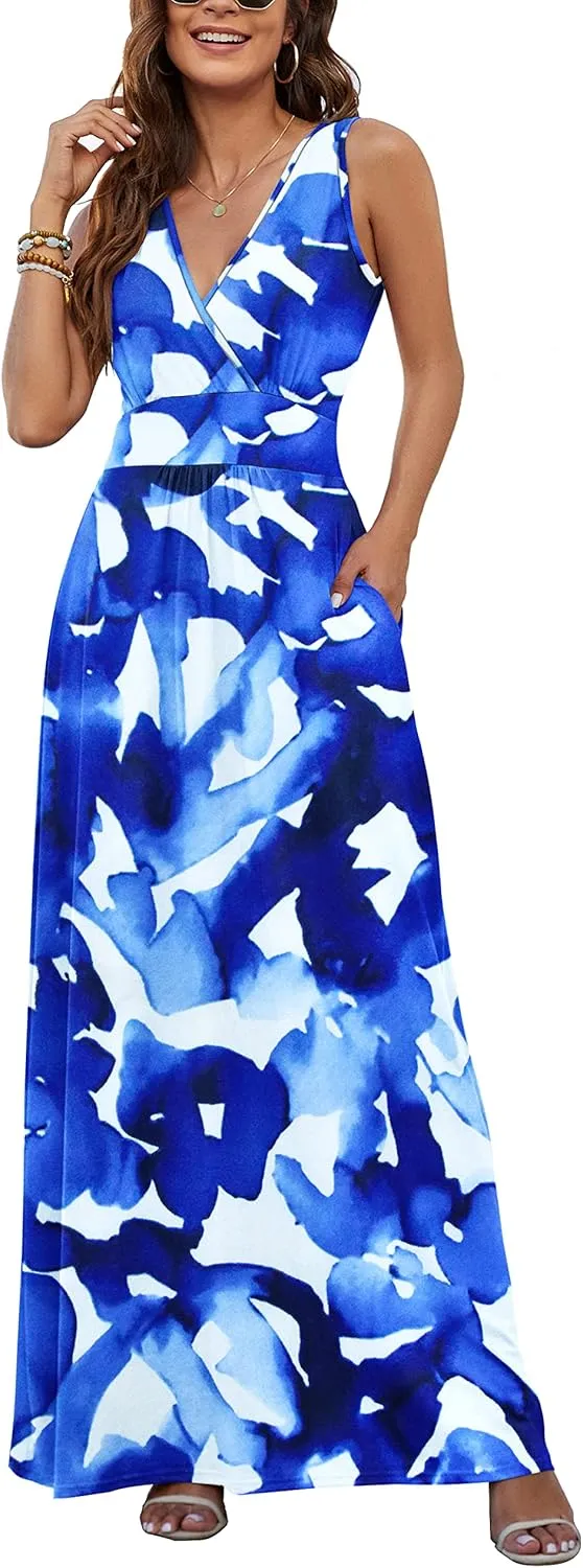 AUSELILY Women's Sleeveless Formal Dress Deep V Neck Loose Plain Cocktail Long Maxi Dresses with Pockets 2025 New