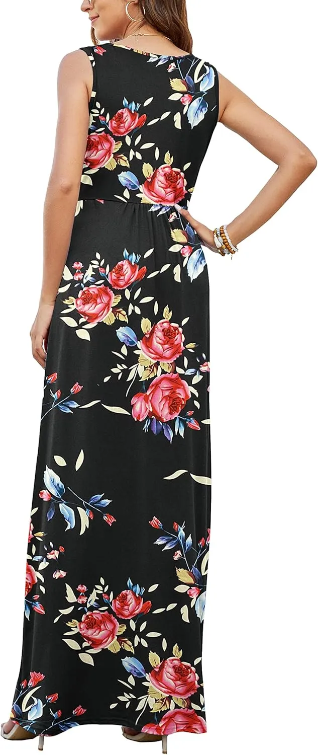 AUSELILY Women's Sleeveless Formal Dress Deep V Neck Loose Plain Cocktail Long Maxi Dresses with Pockets 2025 New