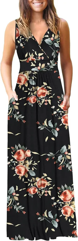 AUSELILY Women's Sleeveless Formal Dress Deep V Neck Loose Plain Cocktail Long Maxi Dresses with Pockets 2025 New