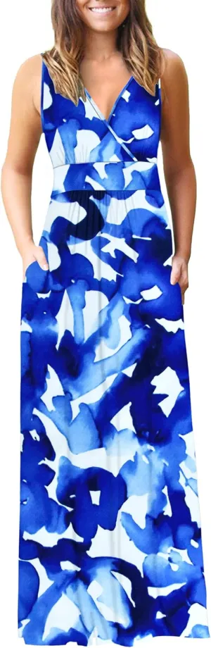 AUSELILY Women's Sleeveless Formal Dress Deep V Neck Loose Plain Cocktail Long Maxi Dresses with Pockets 2025 New