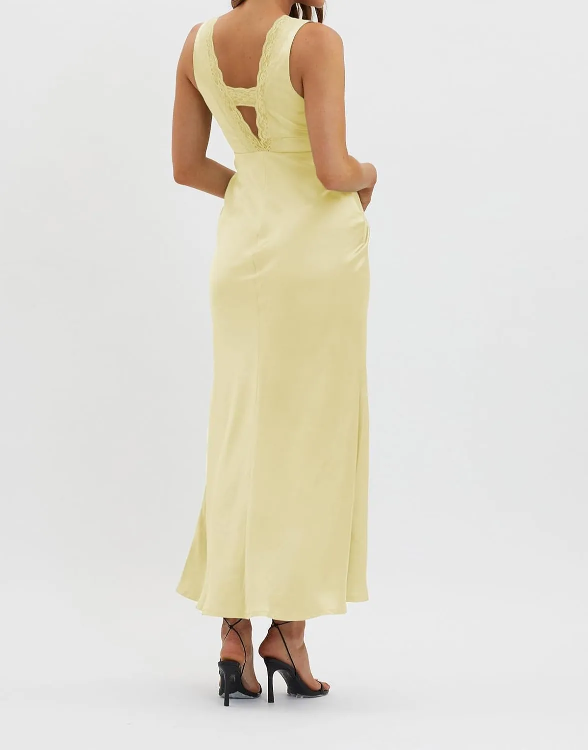 BAGONE Summer Satin Lace V Neck Backless Wedding Guest Maxi Dresses for Women Elegant Sleeveless Open Back Cocktail Dress