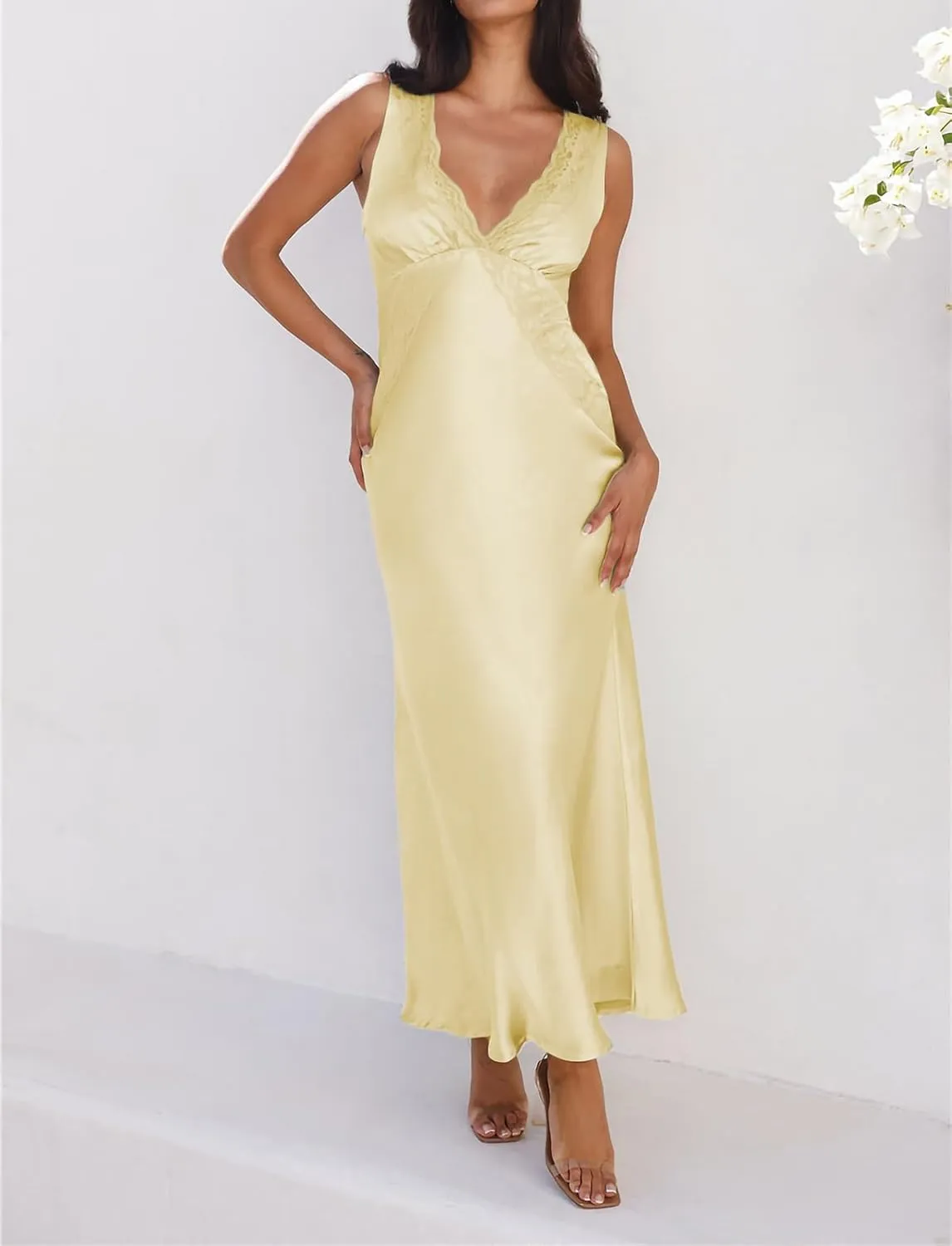 BAGONE Summer Satin Lace V Neck Backless Wedding Guest Maxi Dresses for Women Elegant Sleeveless Open Back Cocktail Dress