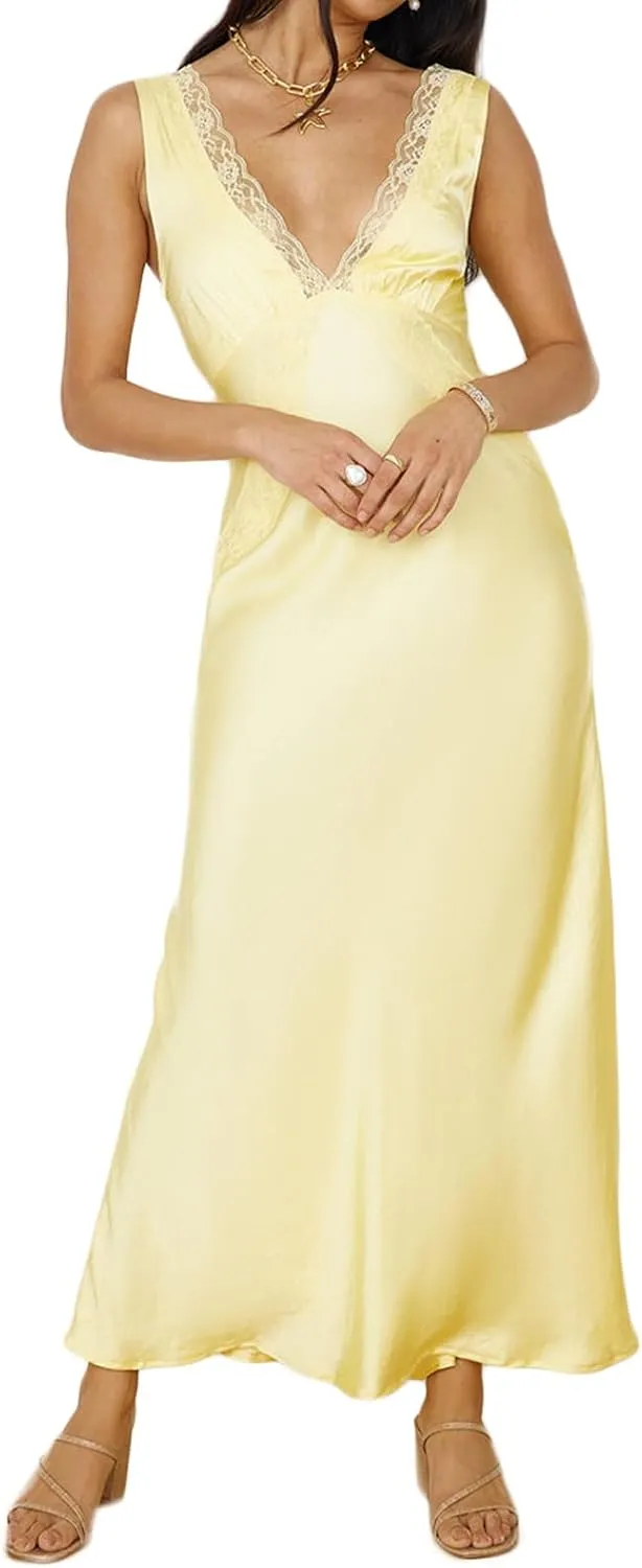 BAGONE Summer Satin Lace V Neck Backless Wedding Guest Maxi Dresses for Women Elegant Sleeveless Open Back Cocktail Dress