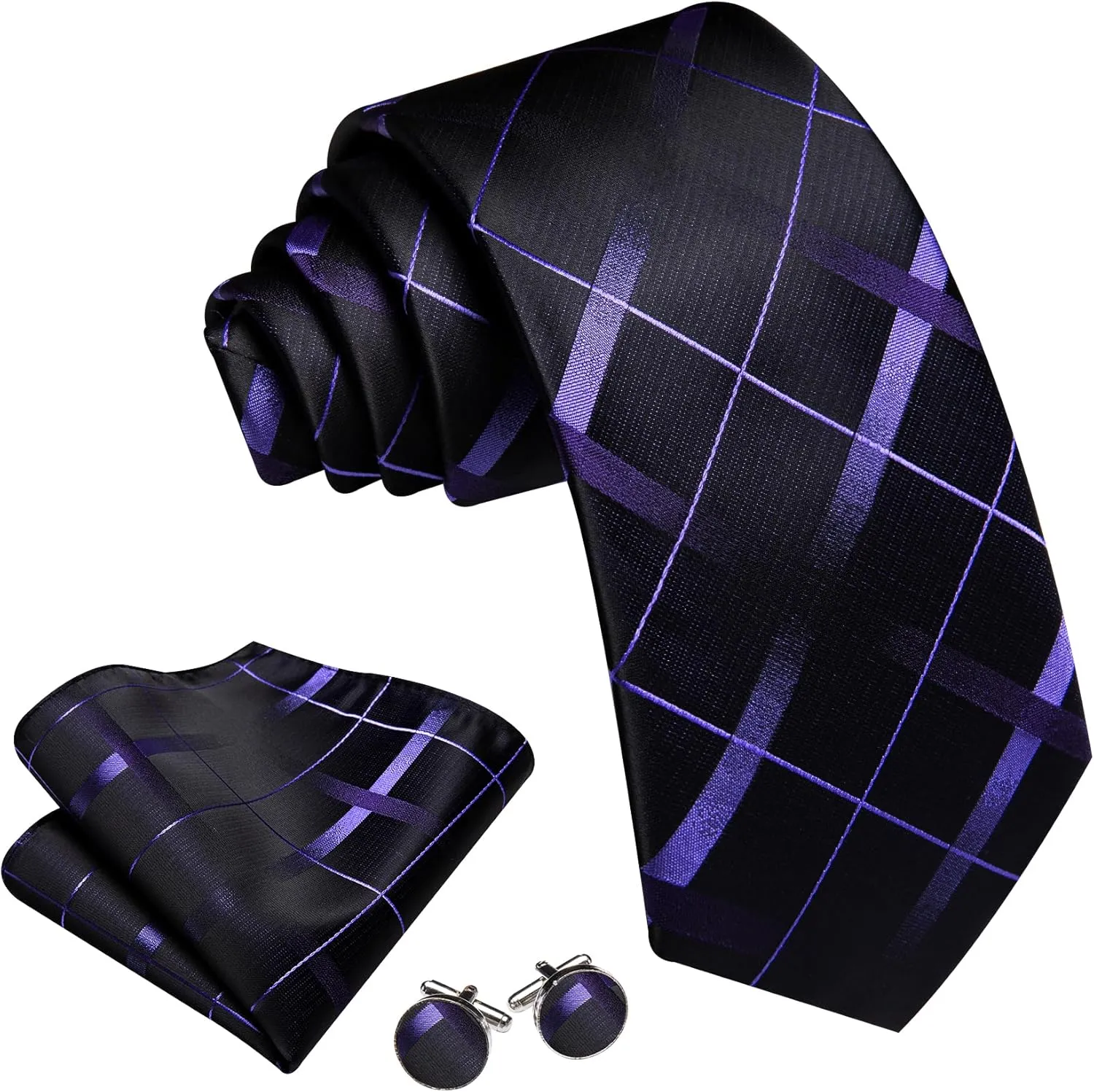 Barry.Wang Mens Tie Set Plaid Check Neckties Formal Business Wedding Luxury Pocket Square Cufflinks