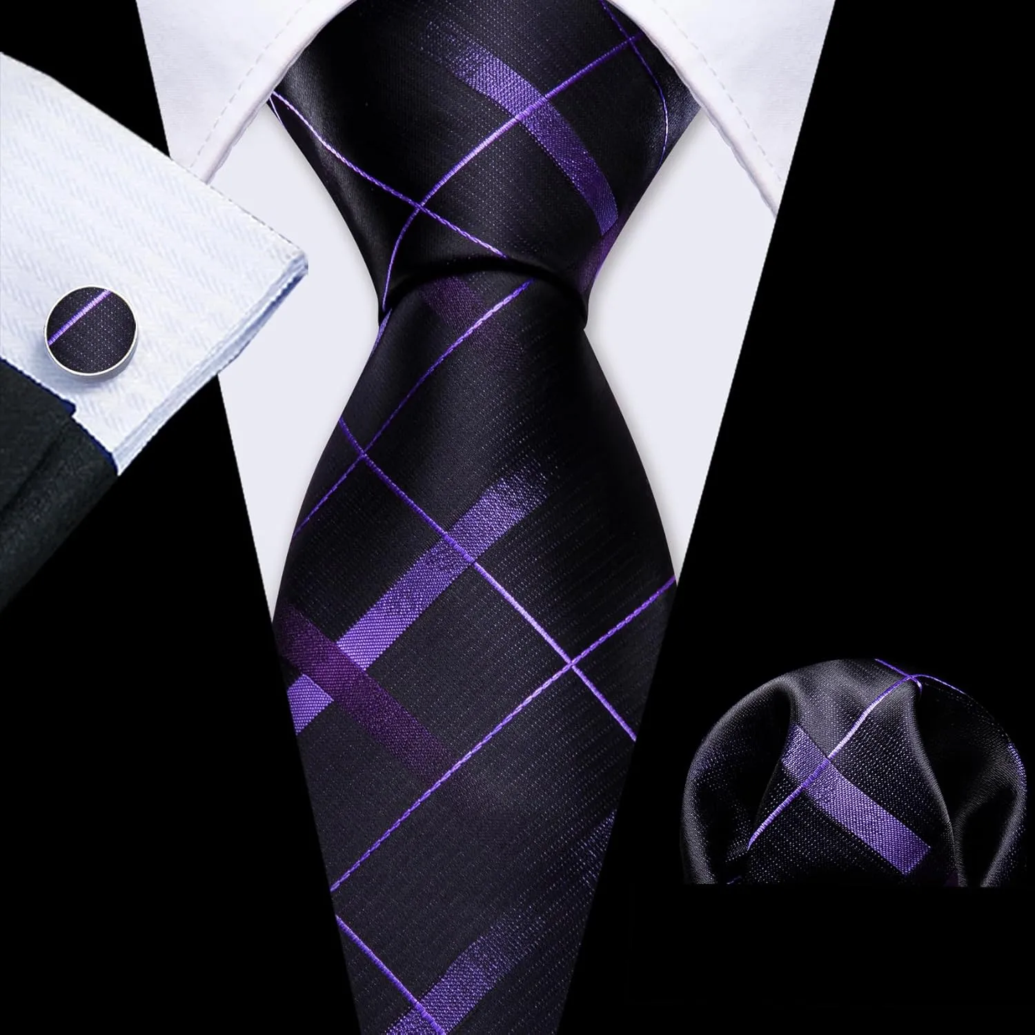 Barry.Wang Mens Tie Set Plaid Check Neckties Formal Business Wedding Luxury Pocket Square Cufflinks