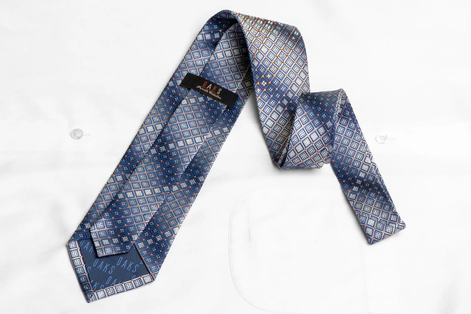 Blue Geometric On Silver Rhinestone Silk Tie With Sparkles