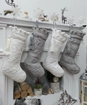 Boho Minimalist Grey Ivory Cream Christmas Stockings | Beautiful Designer Fabric Pom Pom Cuff and Tassel Personalized Family Holiday