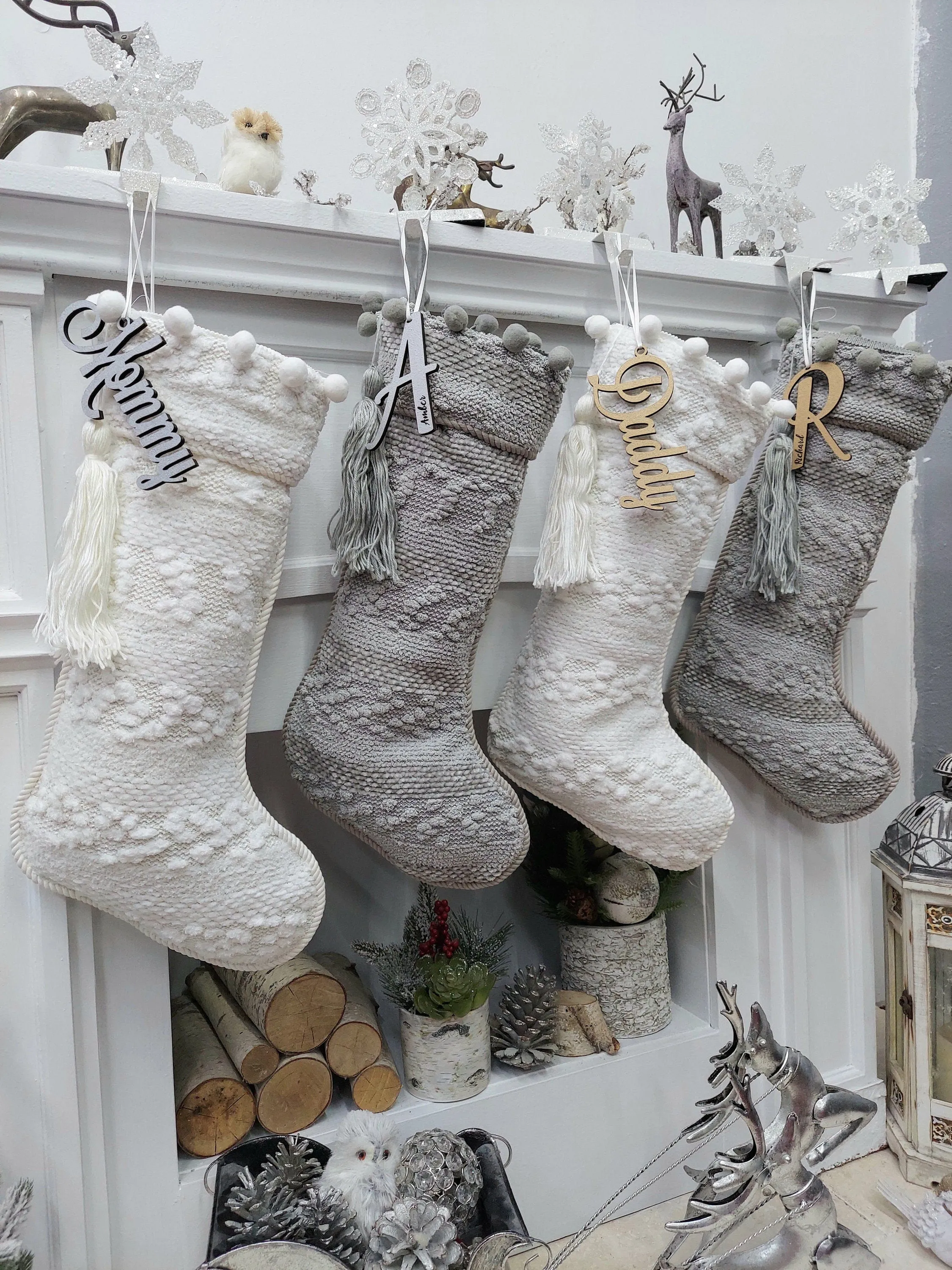 Boho Minimalist Grey Ivory Cream Christmas Stockings | Beautiful Designer Fabric Pom Pom Cuff and Tassel Personalized Family Holiday