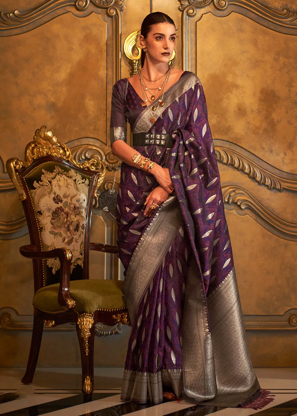 Bollywood Style Pretty Purple Pure Satin Silk Saree