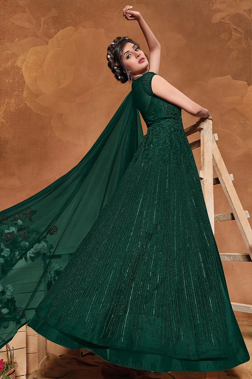 Bottle Green Net Embroidered Floor Length Anarkali Suit
