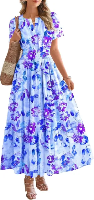 BTFBM Summer Dresses for Women 2025 Floral Casual Short Sleeve V Neck Elastic Waist Maxi Wedding Guest Dress Pockets